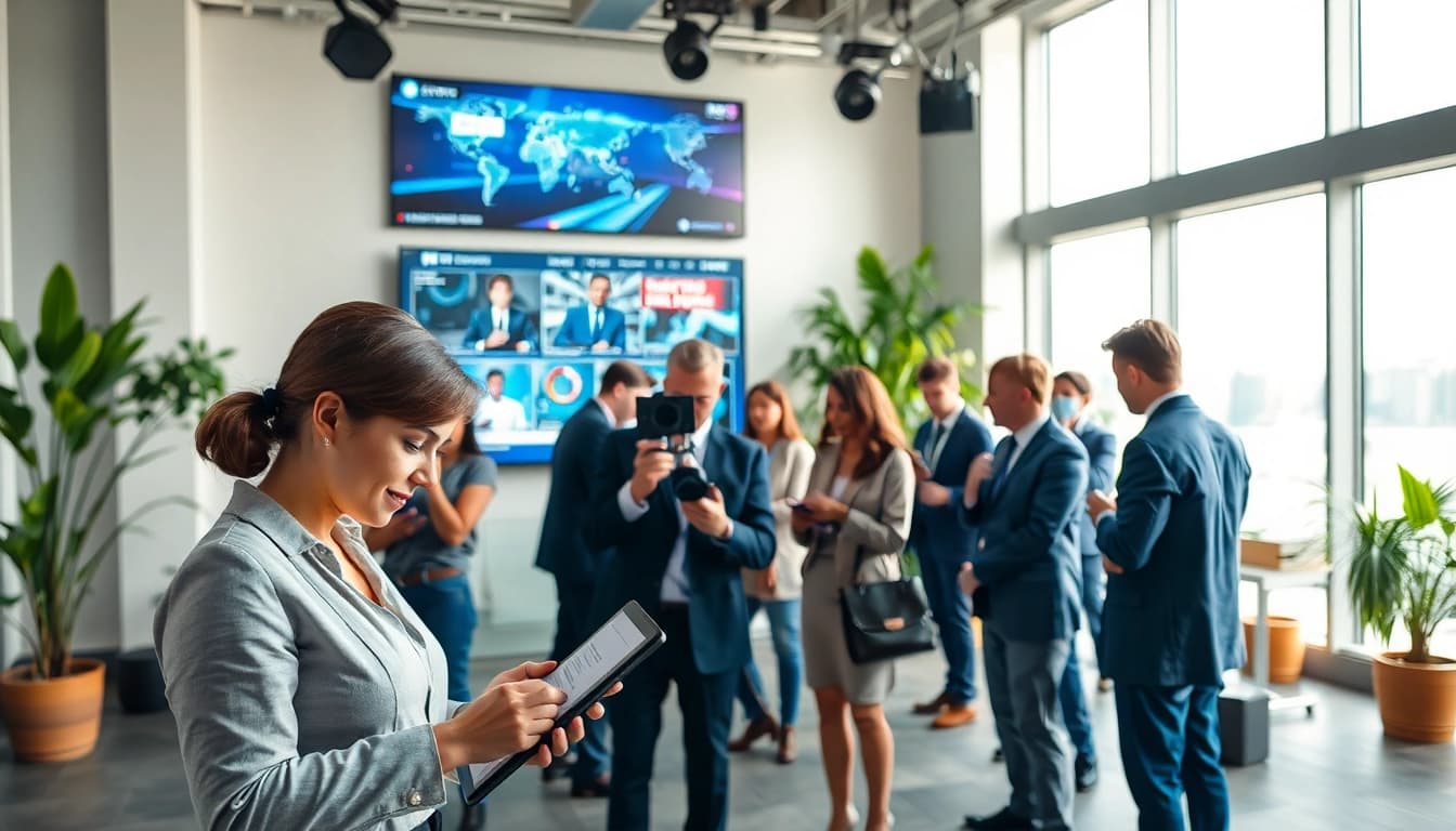 Engaging news coverage in a vibrant newsroom with diverse journalists at work.