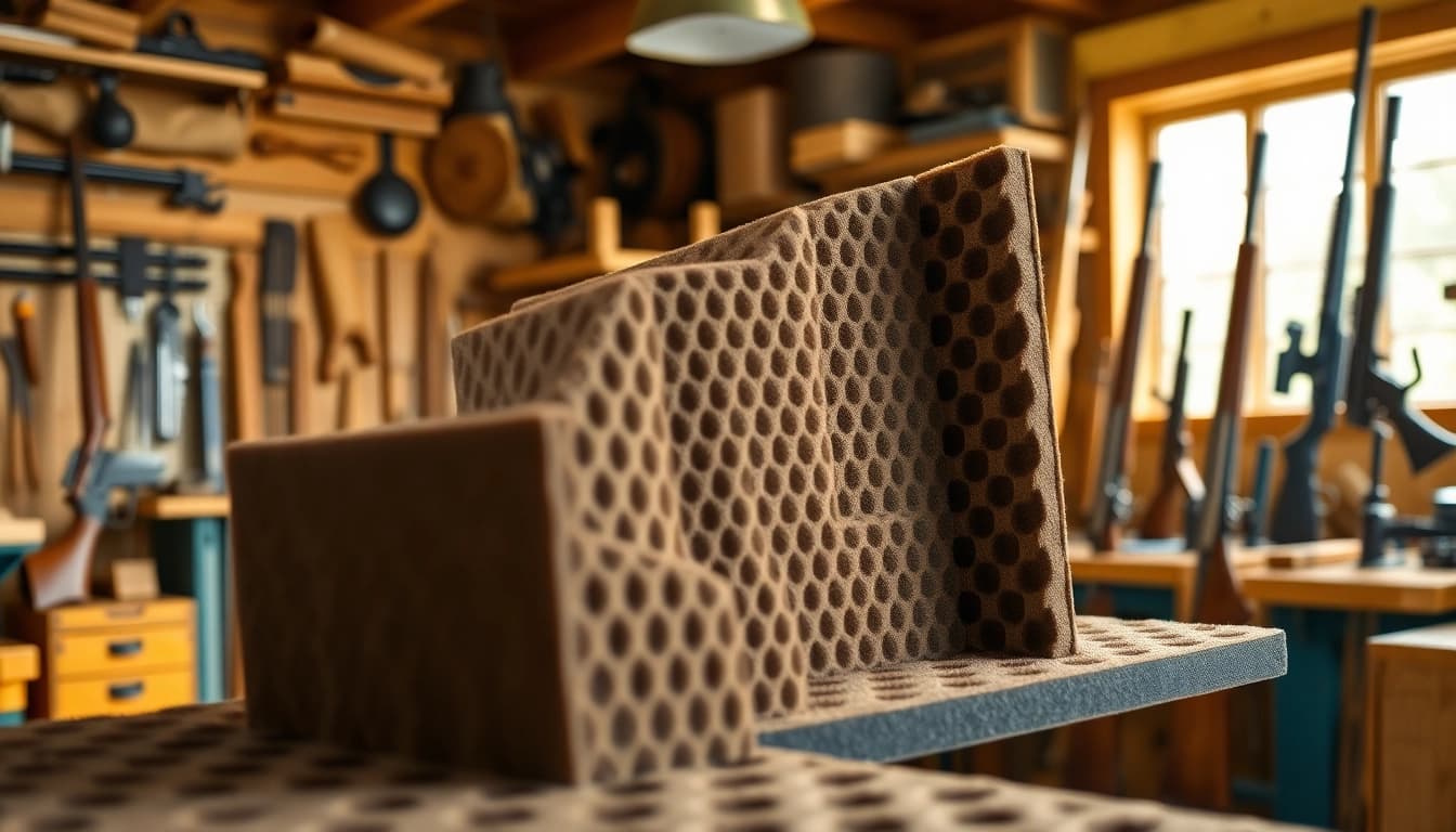Explore custom foam for rifle case with detailed textures in an organized workshop setting.