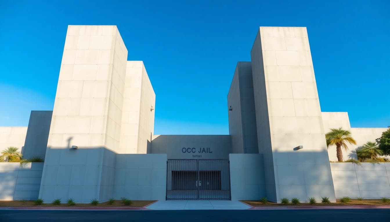 View of the secure OC Jail facility emphasizing its strong architecture and landscape.