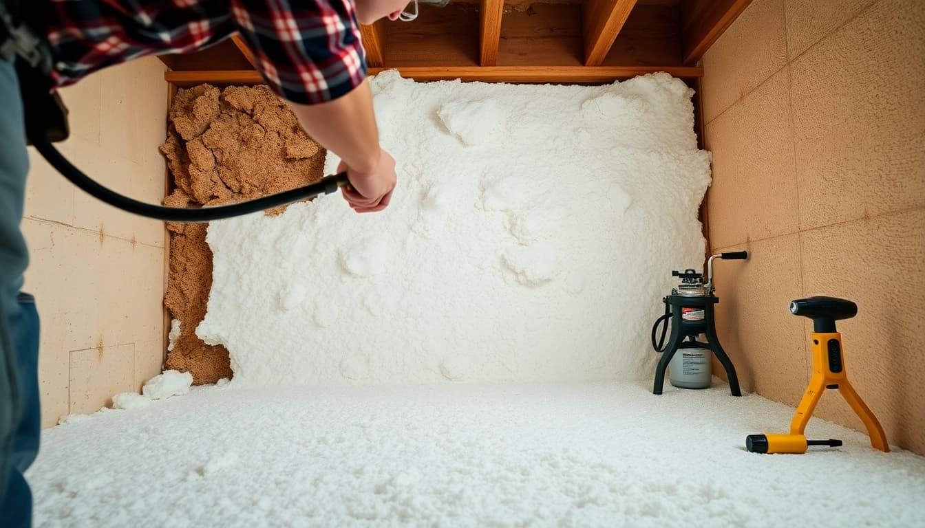 Contractor performing spray foam removal for mortgage in a clean residential setting.