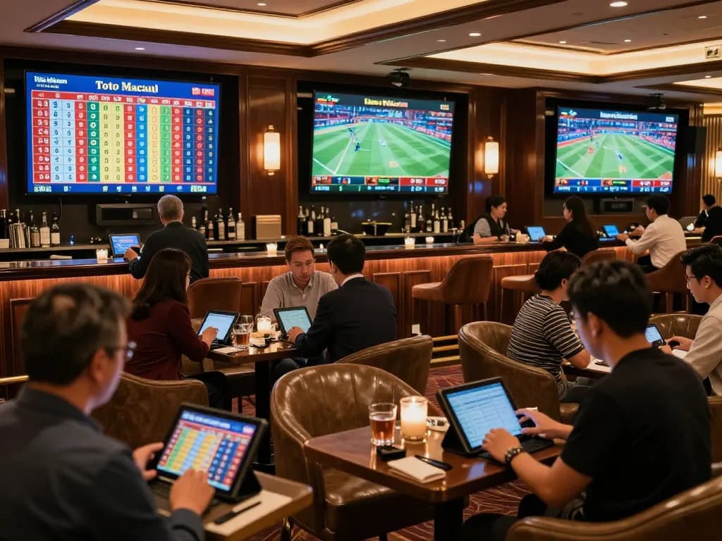 Lounge taruhan olahraga Toto Macau yang dipenuhi penjudi bersemangat menganalisis odds