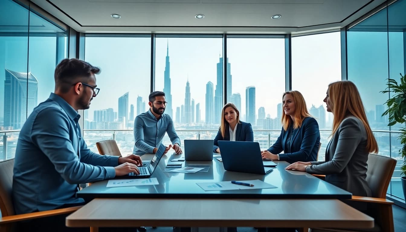 Engaged business consultants in Dubai discussing strategies in a professional office