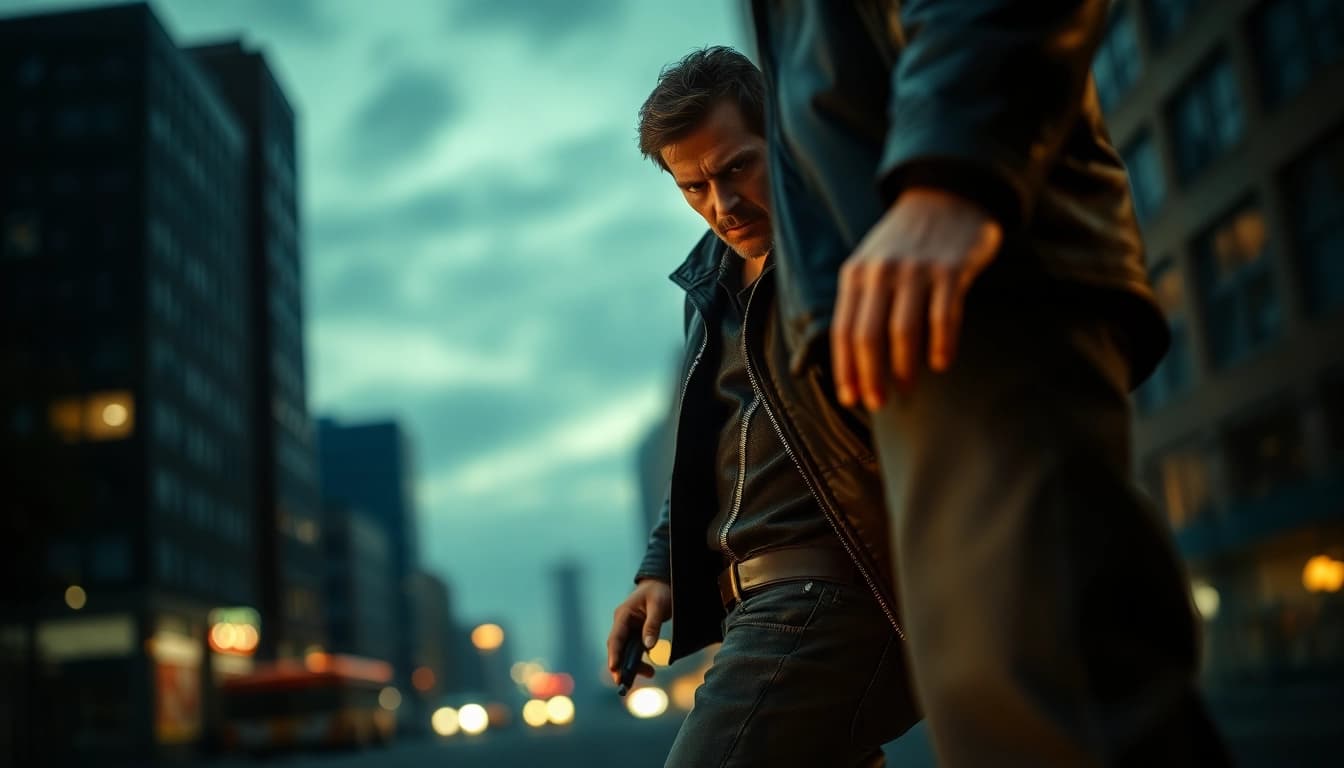 Intense action scene with a protagonist similar to Jack Reacher series in an urban standoff.