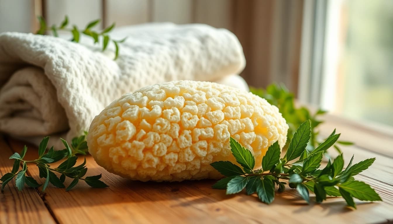 Experience the benefits of a raw loofah sponge, enhanced by natural elements for skincare beauty.
