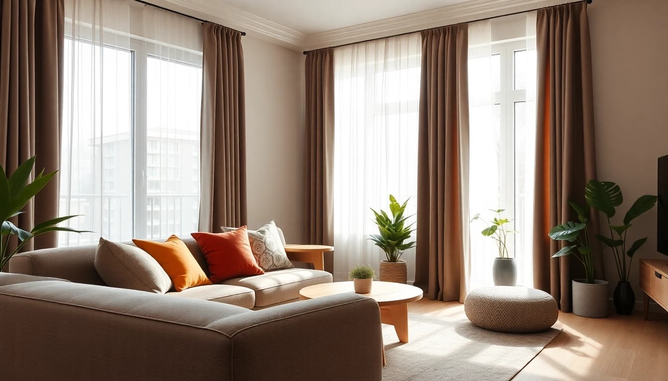 De verduisterende gordijnen creëren een serene en gezellige sfeer in de woonkamer.