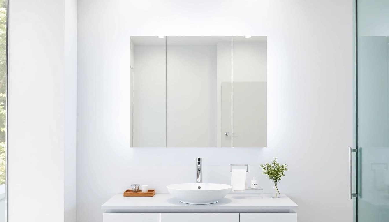 Showcase of a stylish led bathroom mirror cabinet reflecting modern design features.