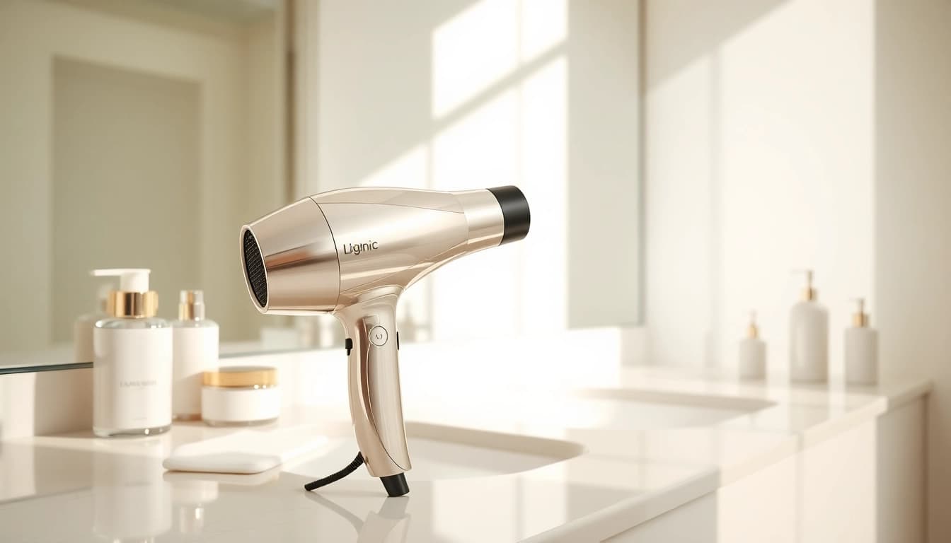 Styling with an ionic hair dryer in a luxurious bathroom setting.