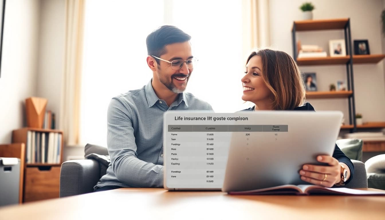 Understand vital life insurance options with a couple discussing coverage in their home office.