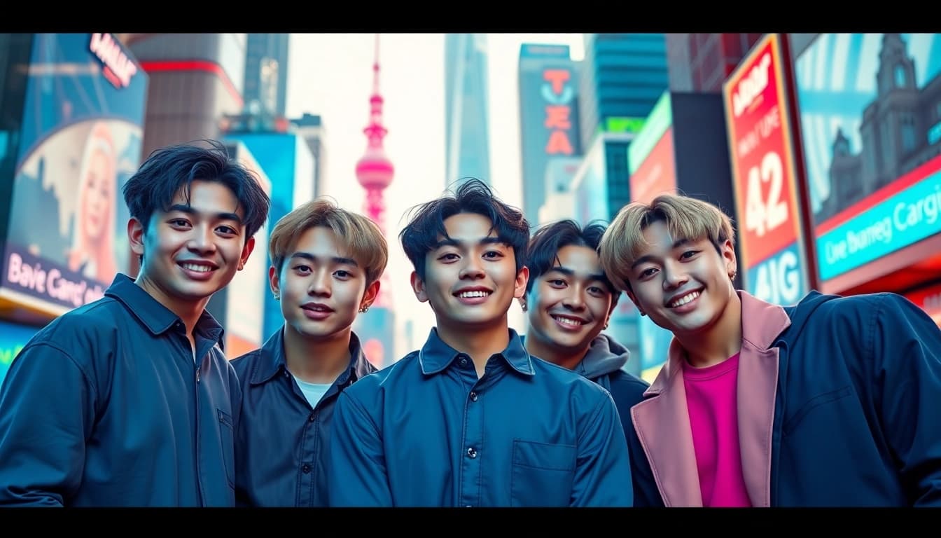 Capture the charisma of bts members in a vibrant urban setting, showcasing their dynamic personalities.