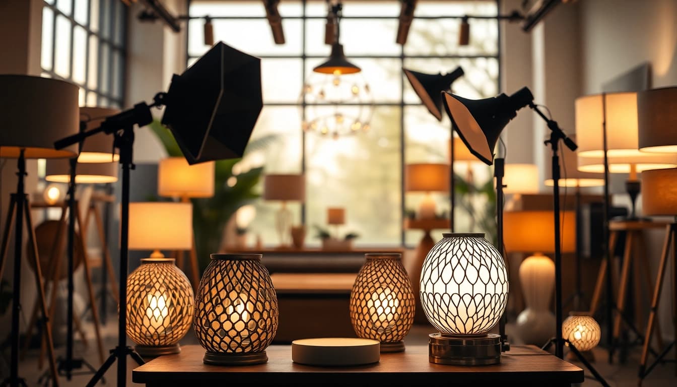 Showcase ELC Lamps Online with diverse lighting styles in a modern studio.
