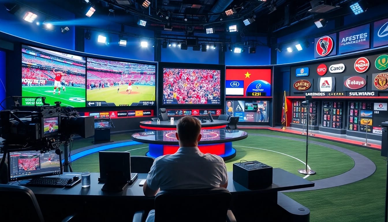 Engaging hosts in sports broadcasting studio with vibrant visuals and a high-definition screen.