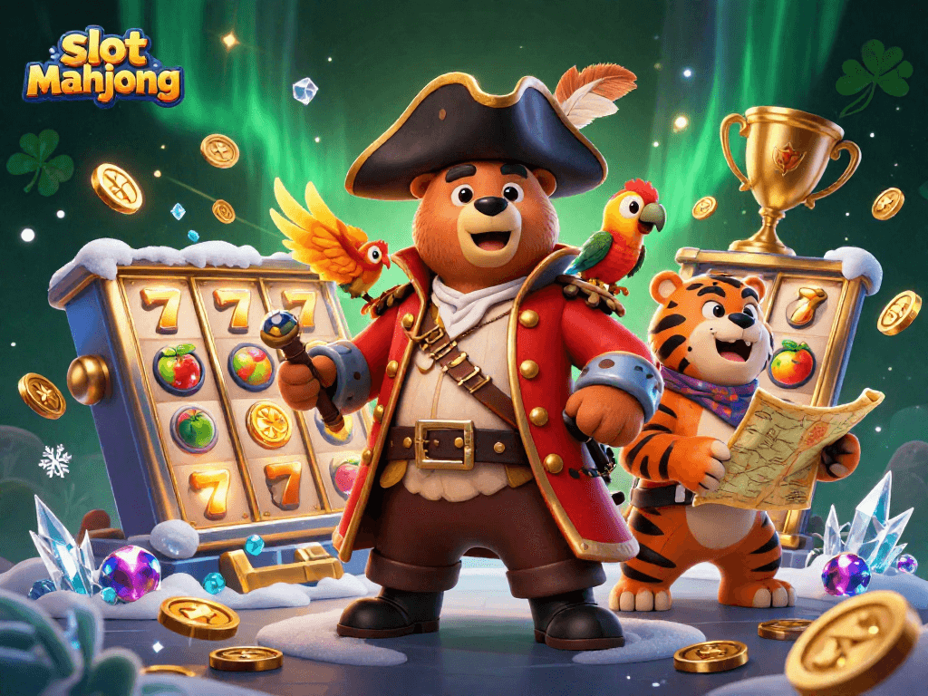 Engage with thrilling slot mahjong action featuring 3D characters amidst vibrant casino elements.