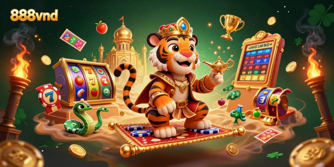 Engage with 888vnd's immersive platform showcasing a vibrant Arabian Nights casino scene.