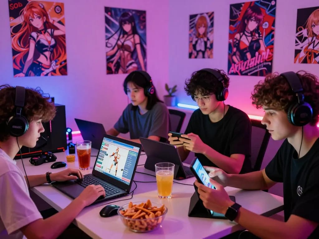Friends enjoying online porn games on laptops and devices in a lively gaming setup.