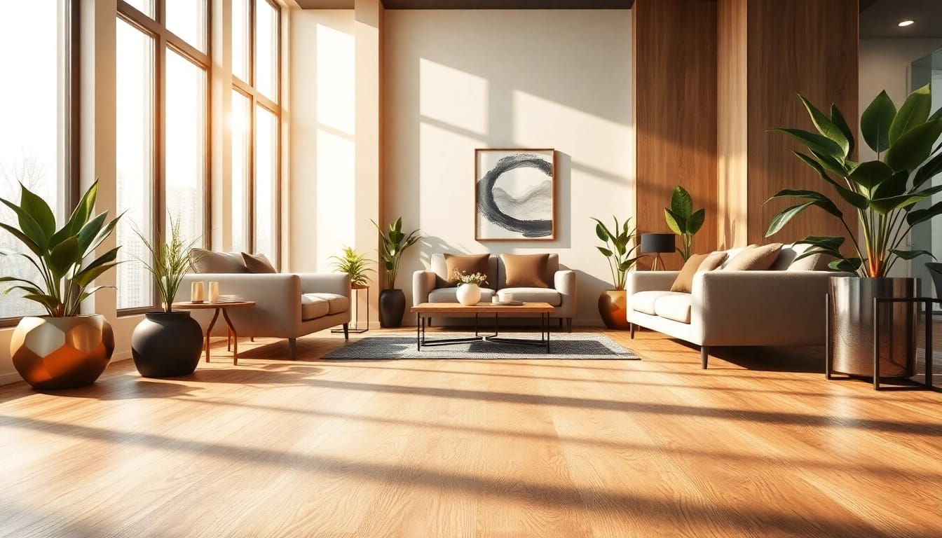Experience luxury vinyl flooring in a modern interior featuring warm tones and inviting decor.