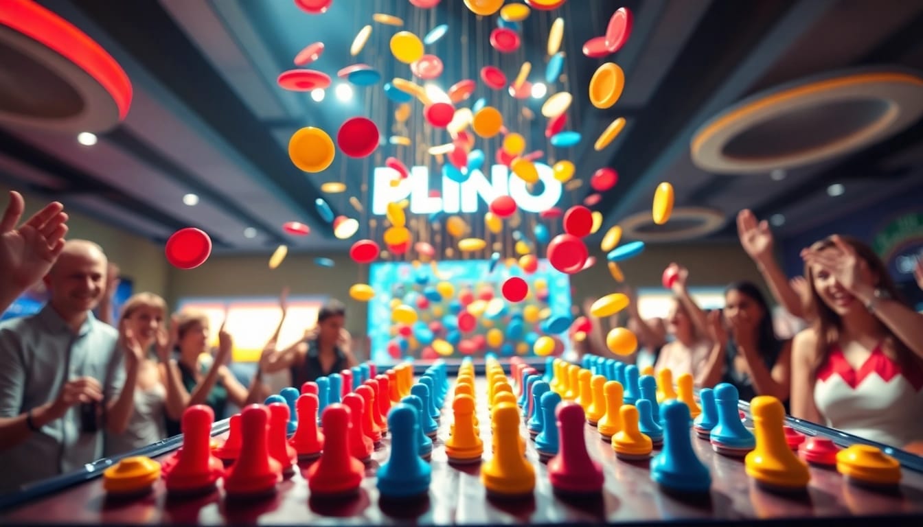 Permainan plinko demo yang penuh warna sedang berlangsung dengan banyak disk jatuh dan sorak-sorai penonton.
