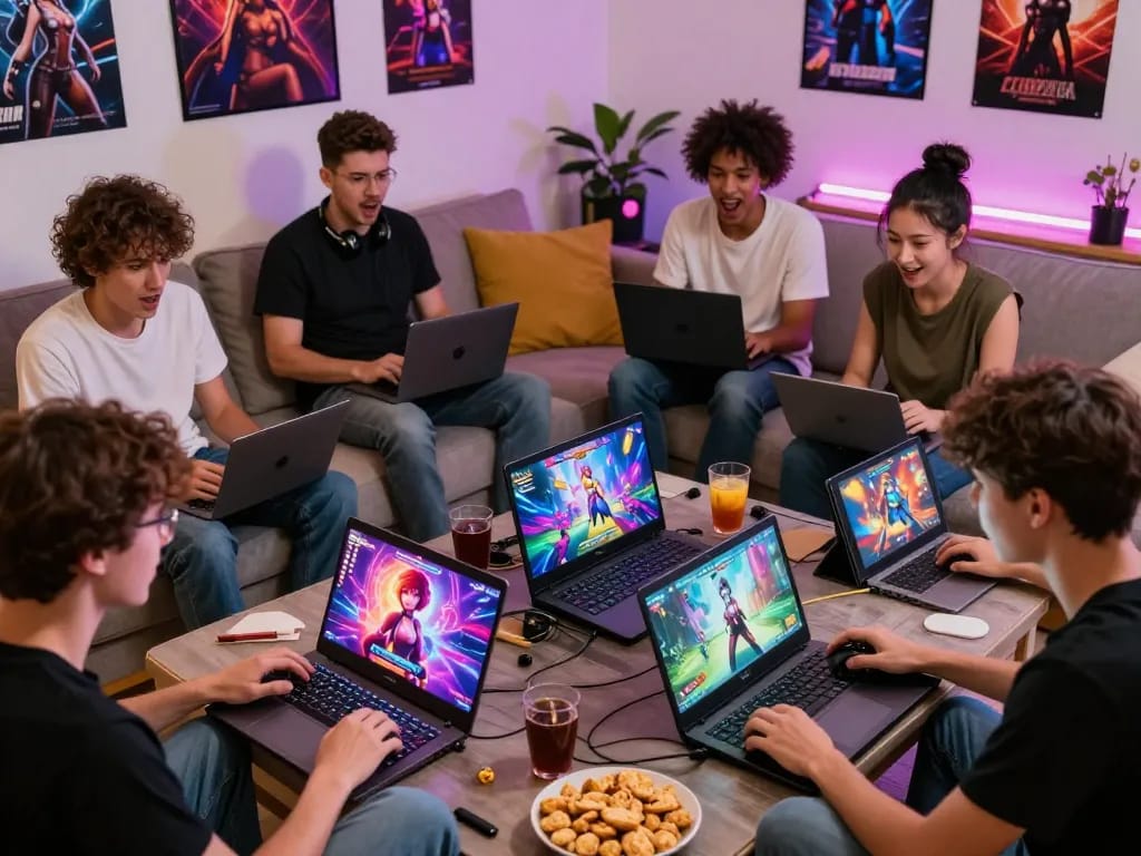 Engaged players enjoying exciting hentai game experiences in a vibrant living room setting.