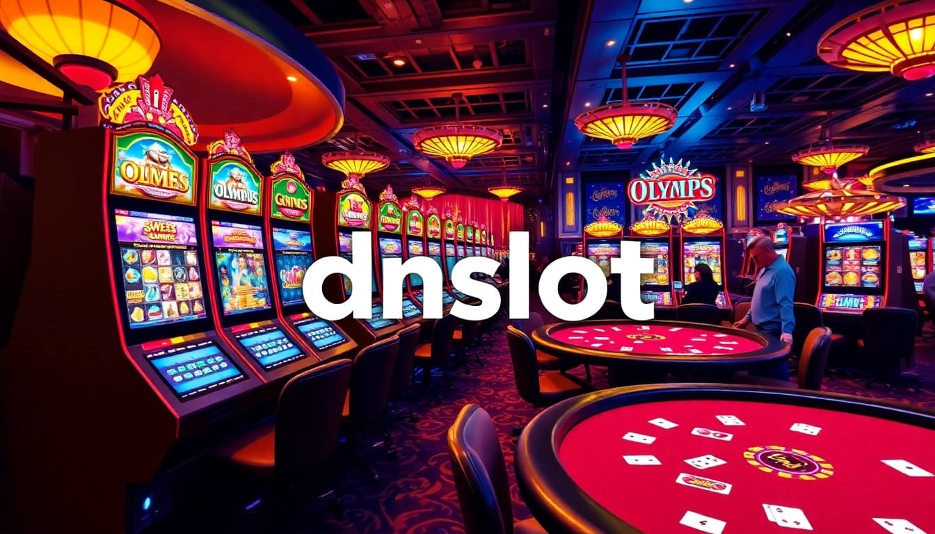 Engage with idnslot at a lively casino filled with bright slot machines and poker tables.