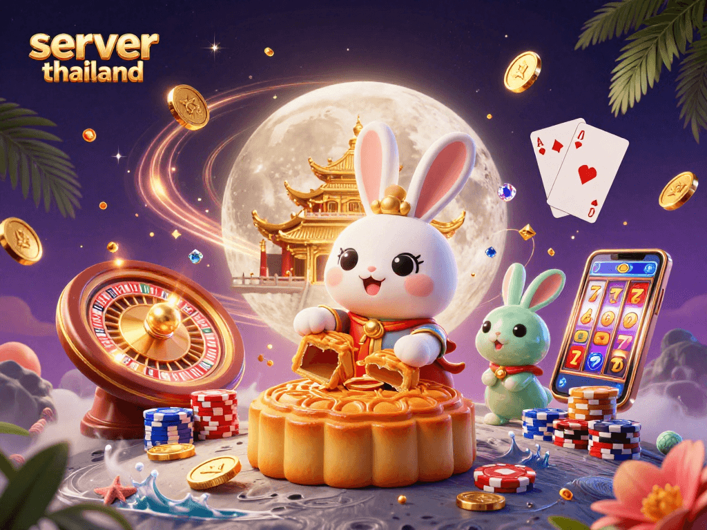 Spin to win with server thailand as the moon rabbit reveals poker chips within golden mooncakes.