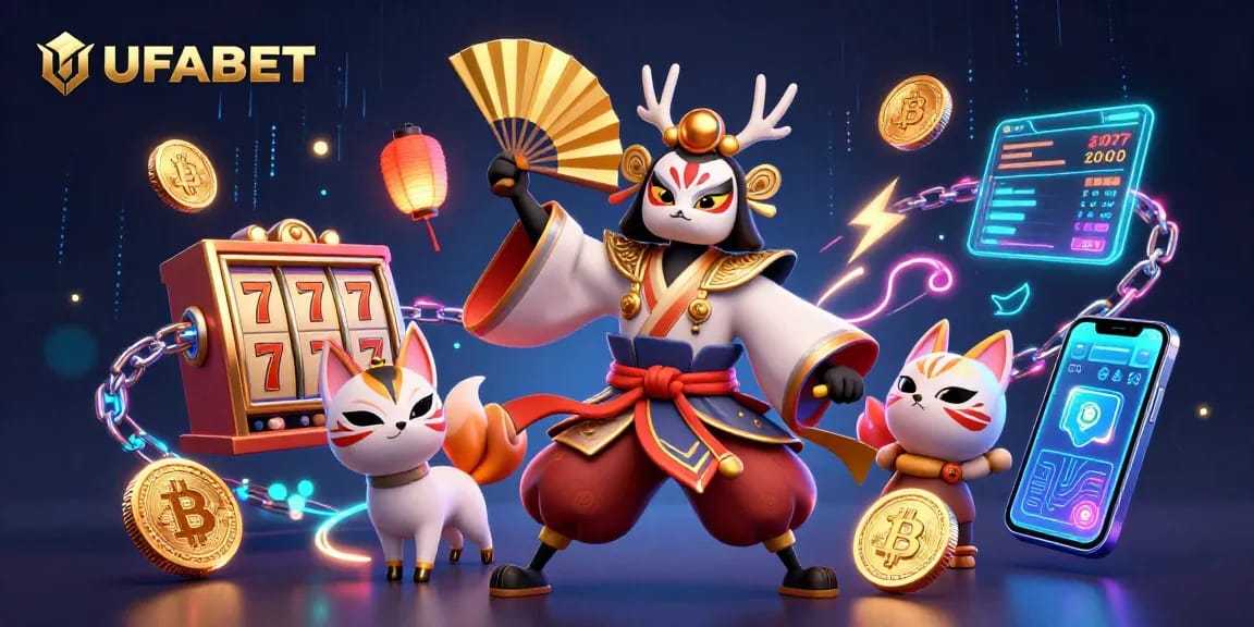 Spin the slots at UFABET with vibrant gaming visuals, featuring kabuki warrior characters and cryptocurrency elements.