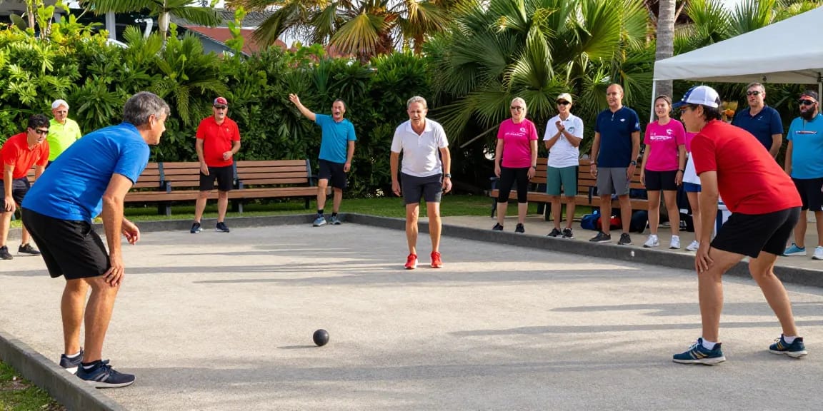 Suasana lapangan petanque di fopikotabanjarba.org dengan pemain bermain dan penonton bersorak.