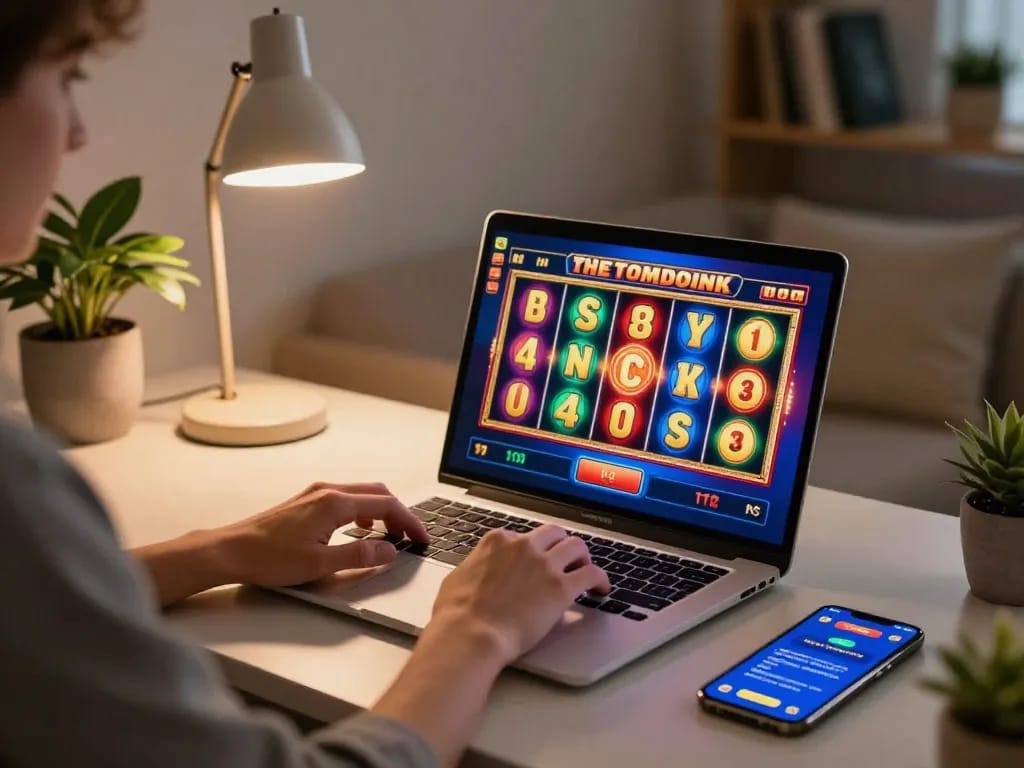 Player enjoying slot games online at 888top in a cozy home setting, engaging with vibrant colors and interface.