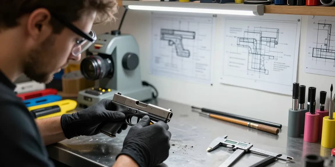 Glock customization workspace at https://precisionglockslides.com showcasing craftsmanship and precision tools.