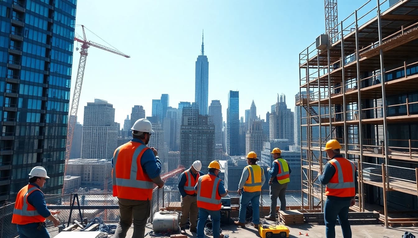 Collaborative team at a construction site representing New York General Contractor in vibrant urban setting.