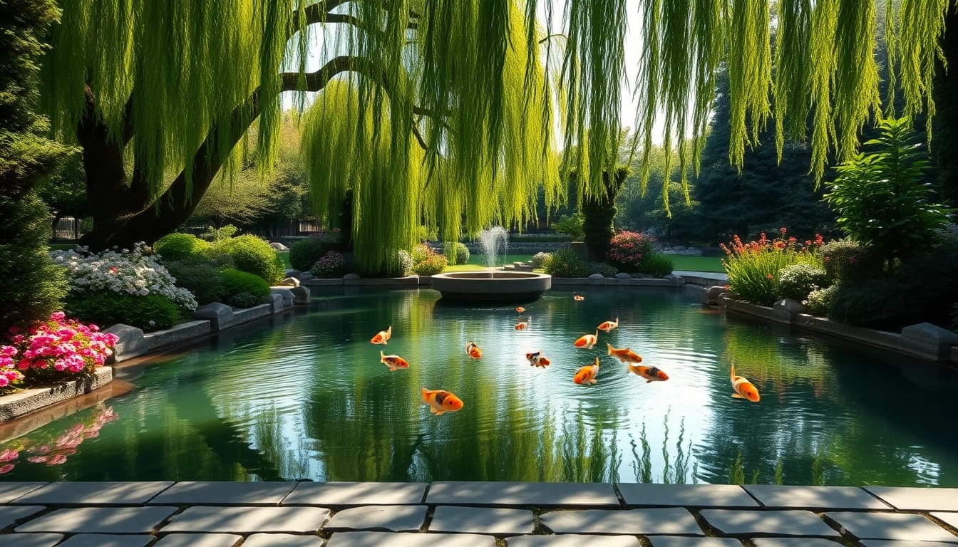 Artistic representation of water features in a tranquil garden with koi fish.