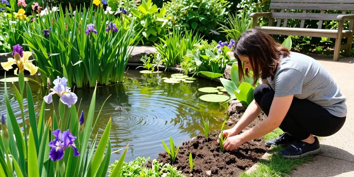 Marginal Pond Plants being planted by a garden enthusiast beside a serene pond, showcasing aquatic flowers and lush greenery.