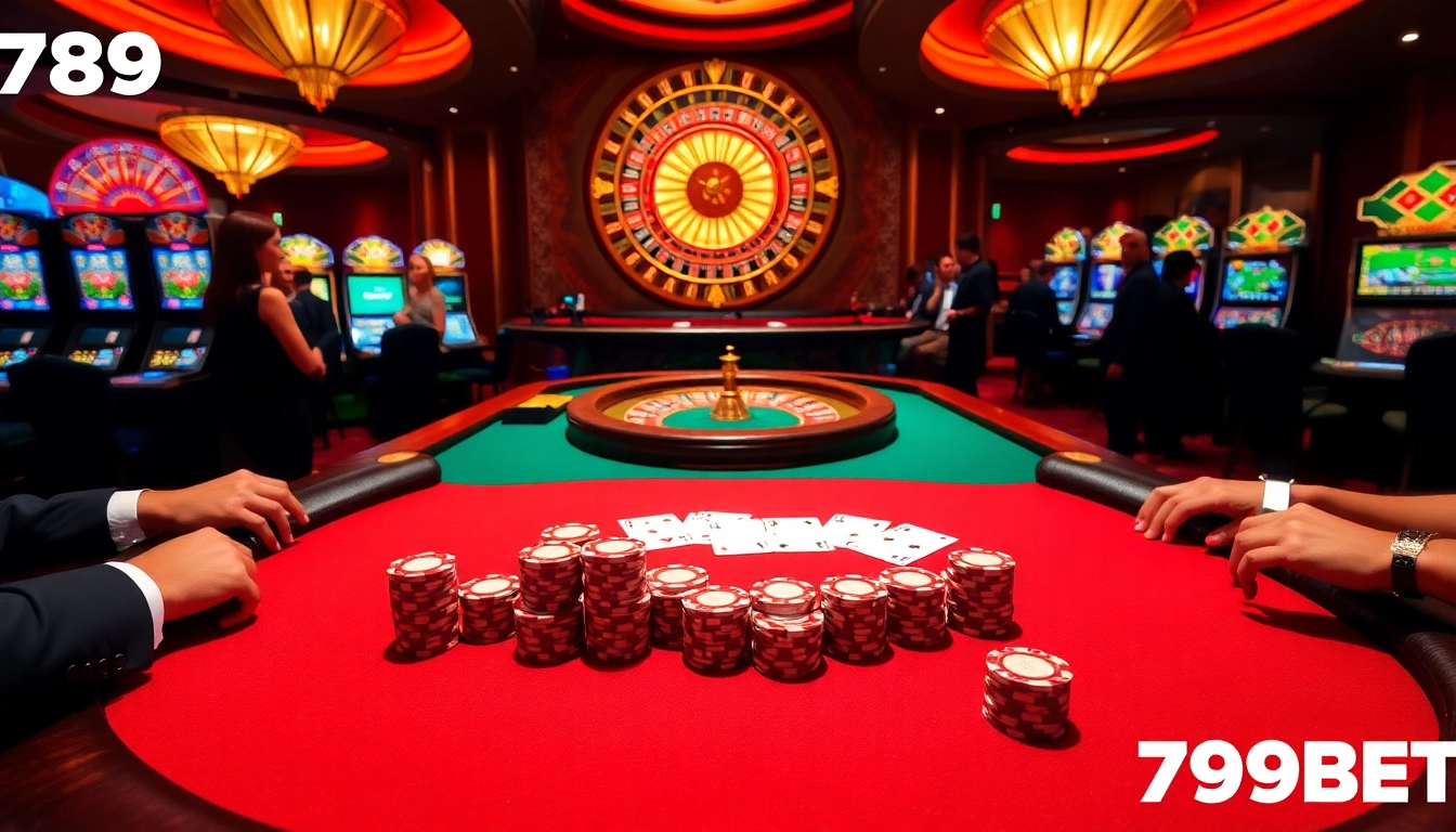 Players enjoying an exciting poker game with vibrant elements representing 789BET's luxurious casino atmosphere.