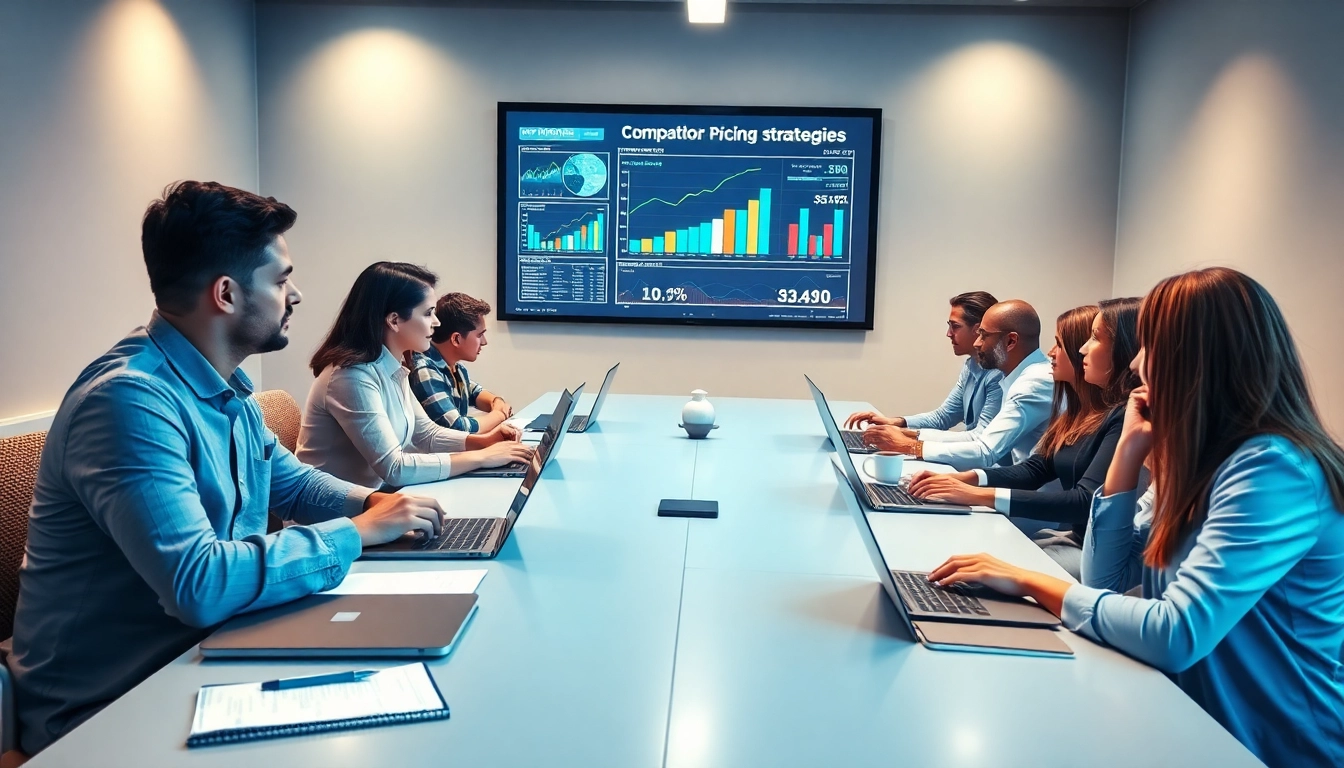 Analyzing competitor pricing strategies during a professional business meeting, with team collaboration.