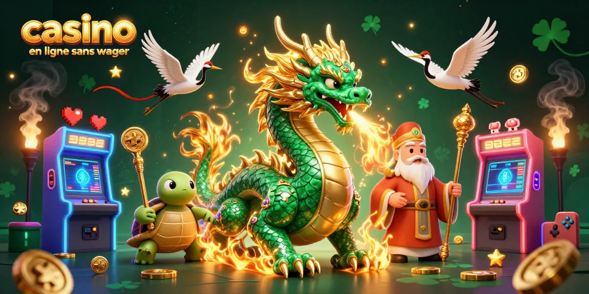Illustration d'un casino en ligne sans wager avec dragon jade, tortue sage et grues porte-bonheur