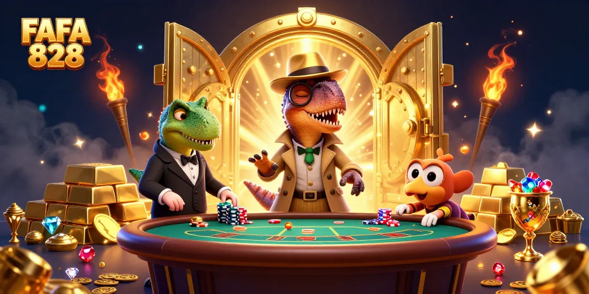 Watch FAFA 828's vibrant 3D gaming scene with a clever velociraptor at a blackjack table.