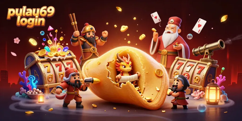 Experience the excitement of pulau69 login with a vibrant 3D casino scene featuring a golden fortune cookie and slot machine symbols.