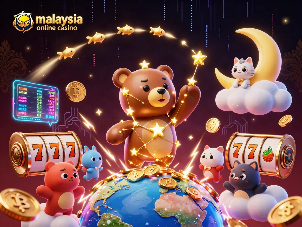 Engage with vibrant malaysia online casino elements in a dynamic, colorful 3D illustration.