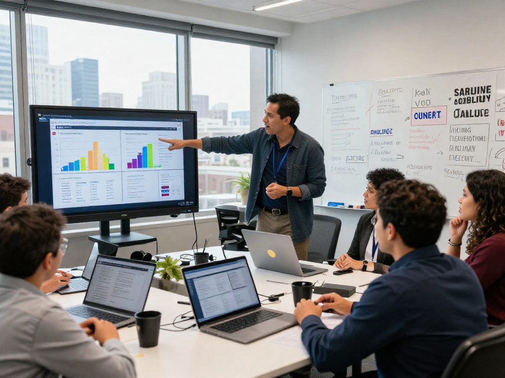 Team strategizing political influencer marketing efforts centered around voter data analysis in a modern office.