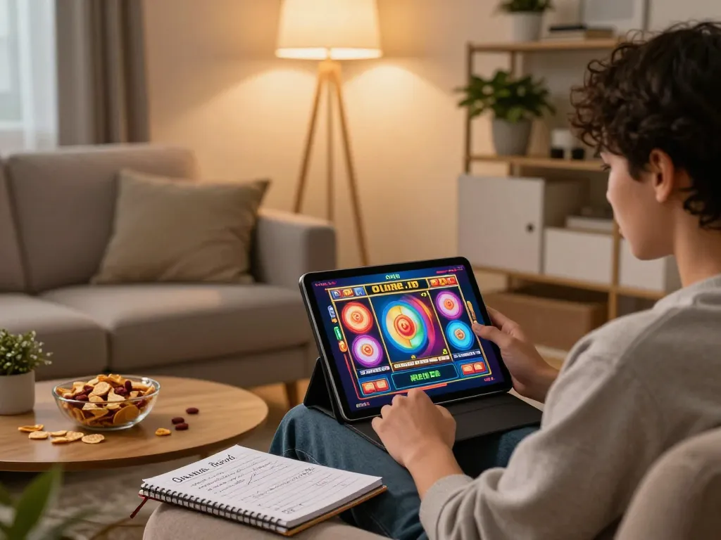 Pemain menikmati permainan slot gacor di tablet di rumah dengan camilan dan catatan strategi.