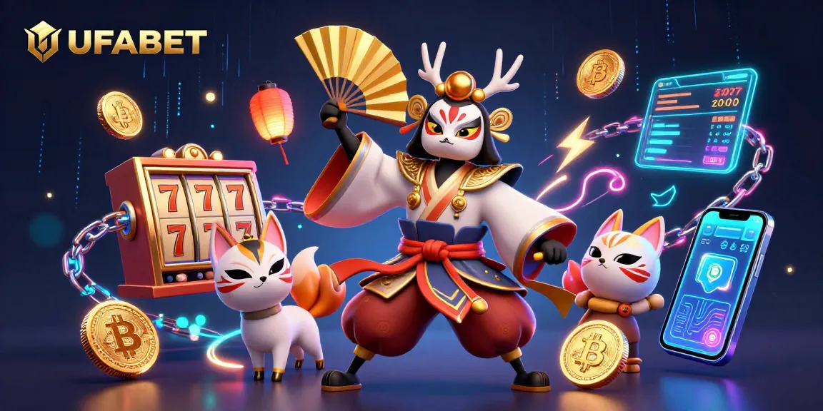 Spin the slots at UFABET with vibrant gaming visuals, featuring kabuki warrior characters and cryptocurrency elements.