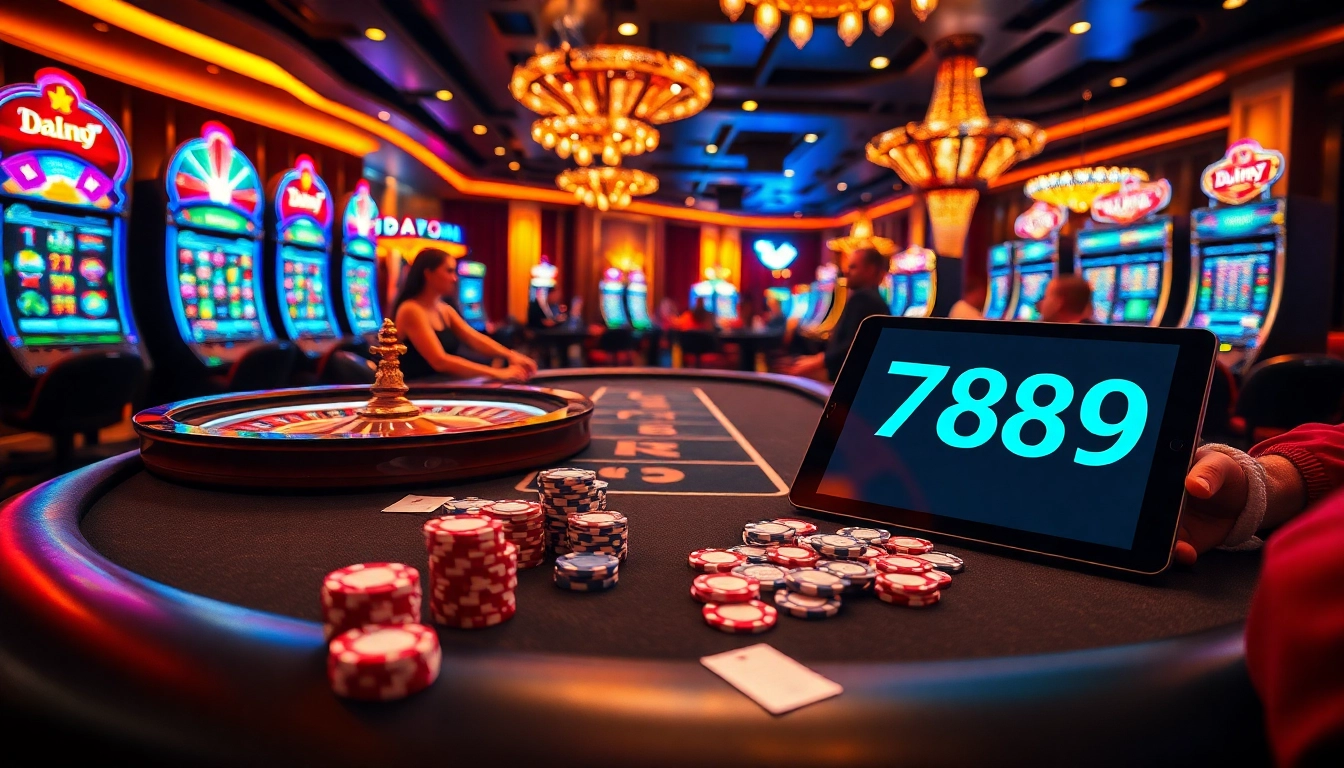 DOLA789 showcases an exciting casino environment featuring poker tables, roulette wheels, and vibrant slot machines.