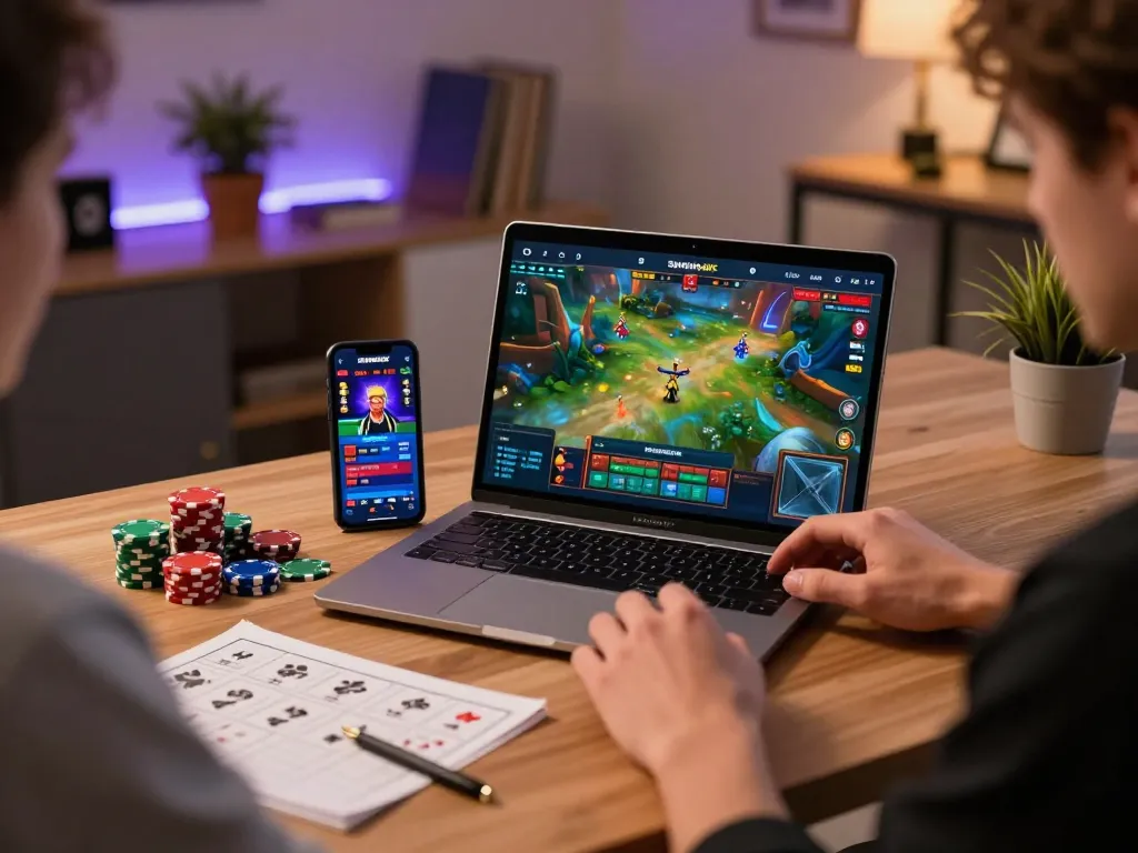 Engaging gameplay on sunwinapk platform featuring user at a modern desk with poker chips.
