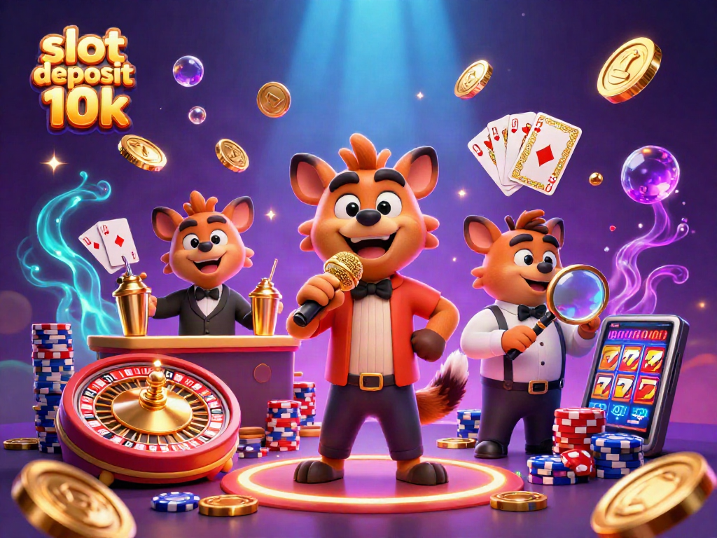 Enjoy an exciting slot deposit 10k experience with a lively hyena casino scene featuring games, drinks, and laughter.