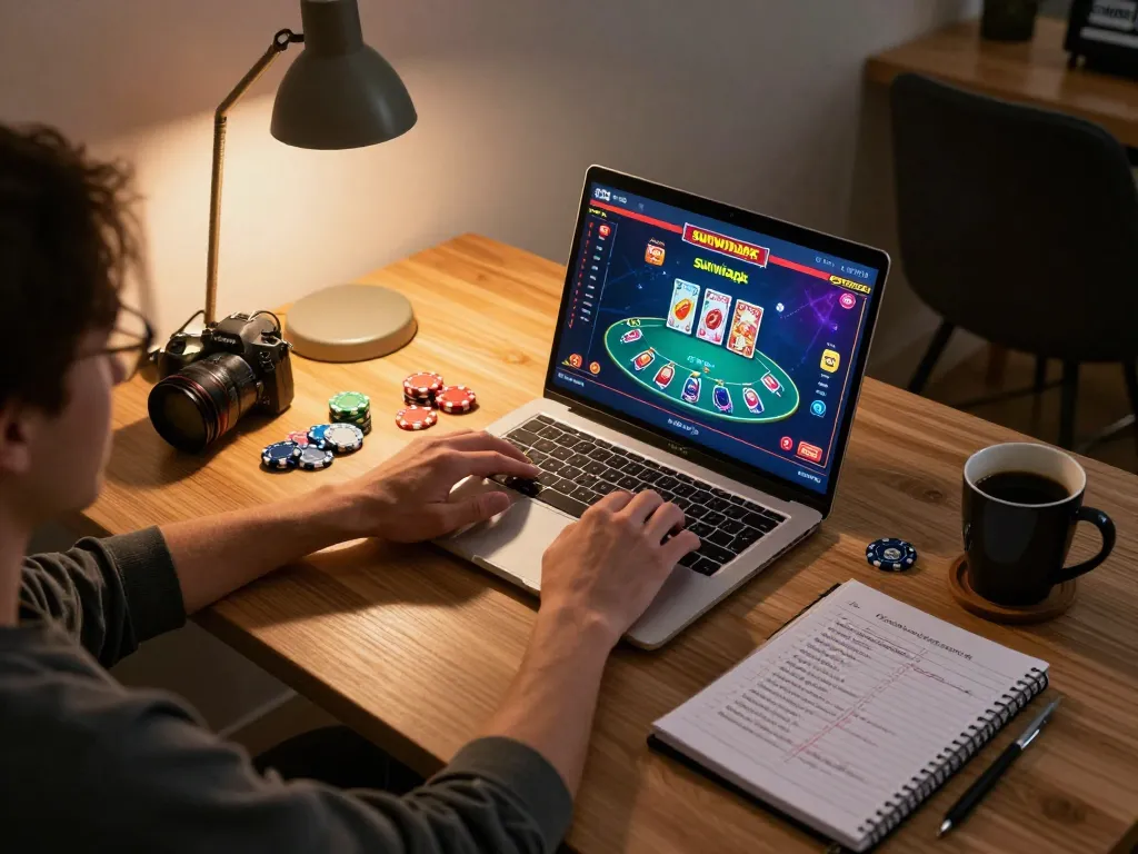 Engaging in intense gameplay on sunwinapk in a cozy home office setup.