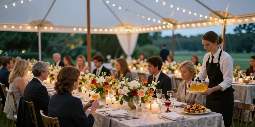 Event rentals showcasing an elegant outdoor banquet setup with sophisticated decor and ambiance.