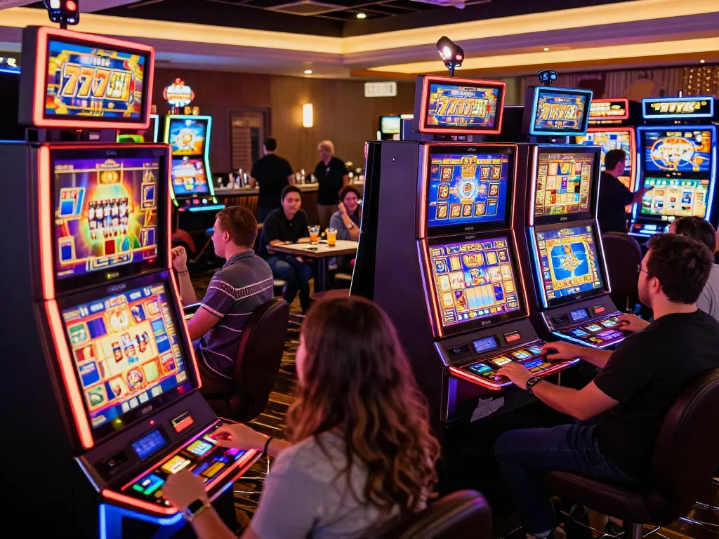Mesin slot777 di kasino yang ramai dengan pemain dan lampu berwarna-warni.