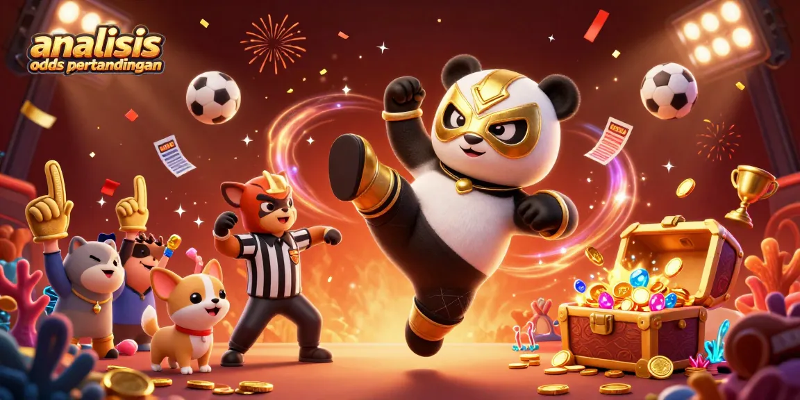 Engage in analisis odds pertandingan as a panda wrestler kicks through a vibrant sports betting scene