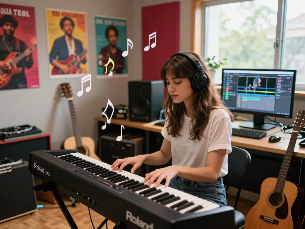Youthful musician playing the go 88 piano in a creative studio with colorful posters and warm lighting.
