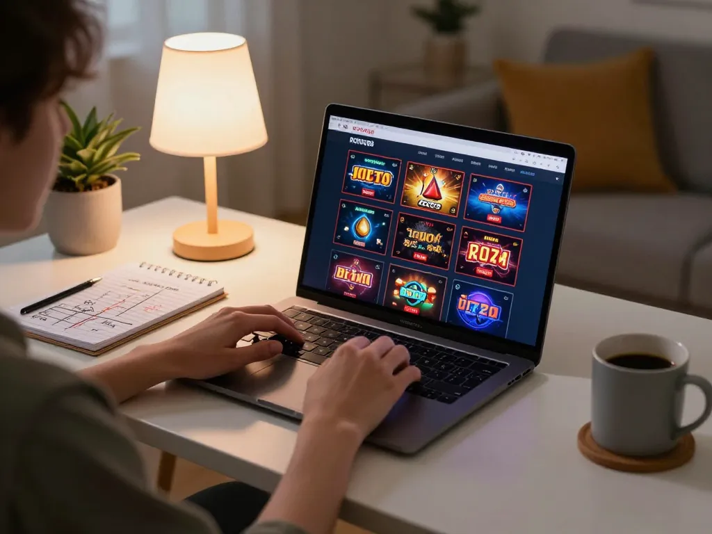 Engaging in online gaming at home with ROKOK88, showcasing strategy notes and gaming interface