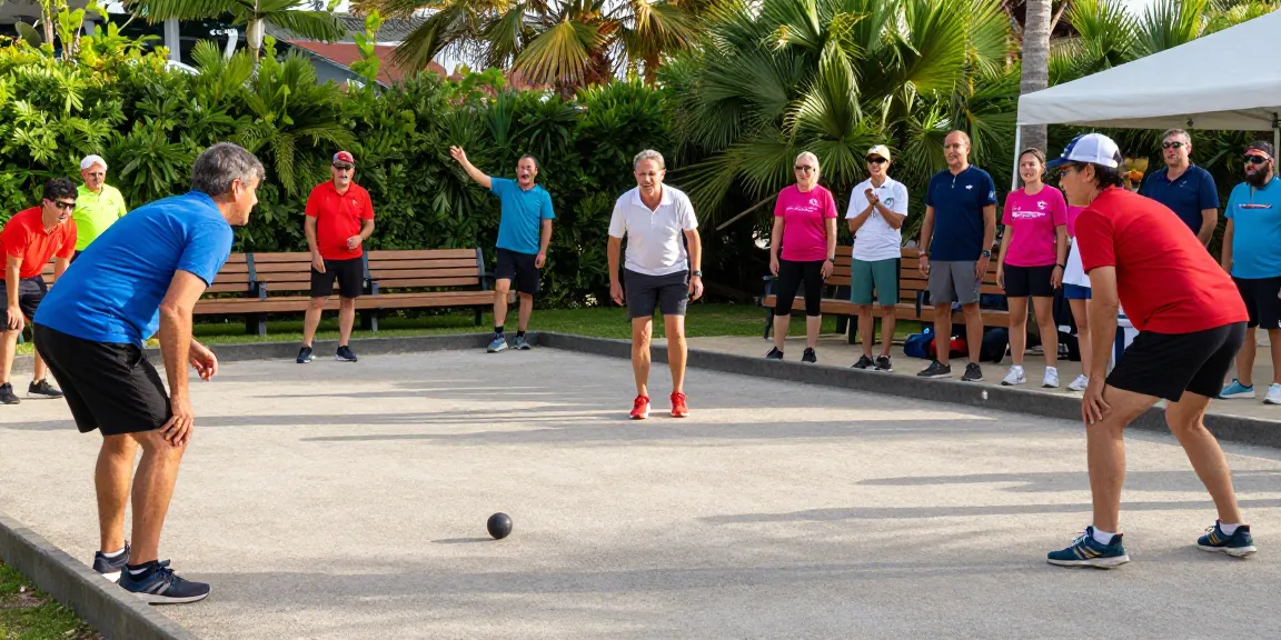 Suasana lapangan petanque di fopikotabanjarba.org dengan pemain bermain dan penonton bersorak.