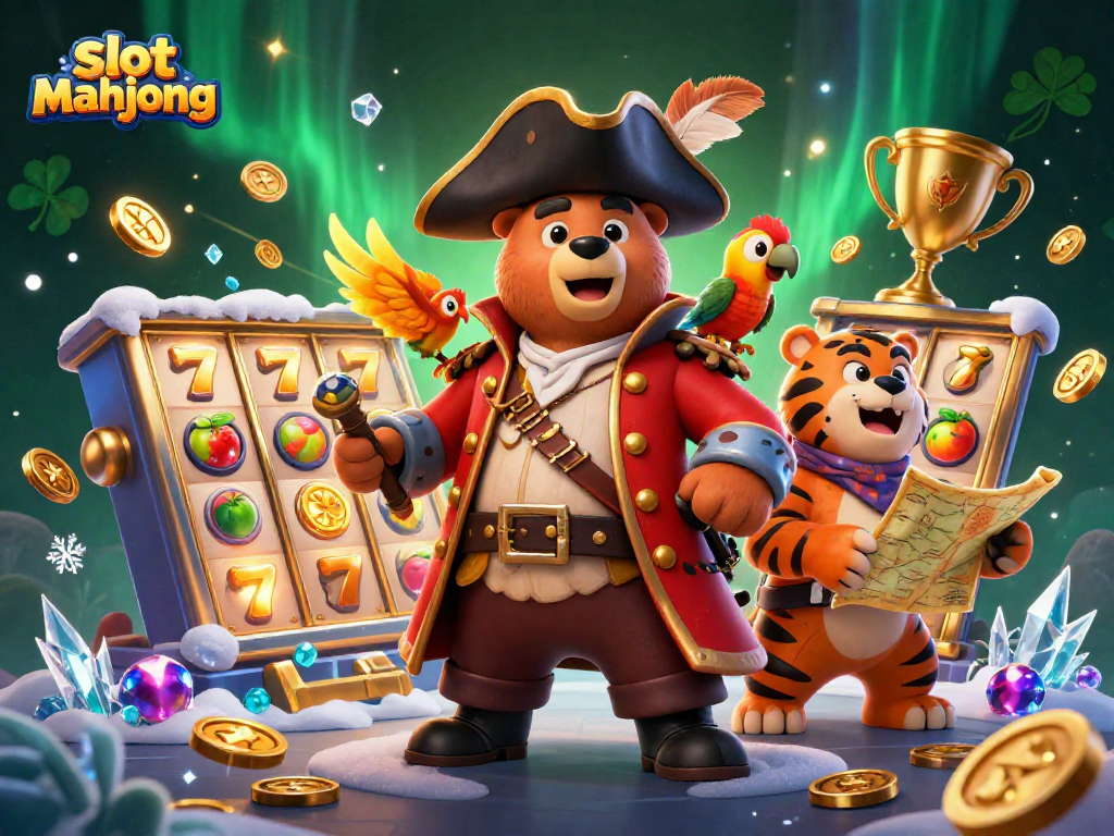 Engage with thrilling slot mahjong action featuring 3D characters amidst vibrant casino elements.